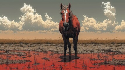 The Lone Horse, A Wild Stallion in the Wilderness, The Majestic Equine, Horse in a Field of Red Dirt.