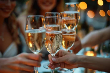 Fotobehang Cheers to a celebratory night as a diverse group of friends clink their elegant champagne glasses, smiling with excitement and savoring the taste of their alcoholic beverages in the atmospheric bar s © familymedia