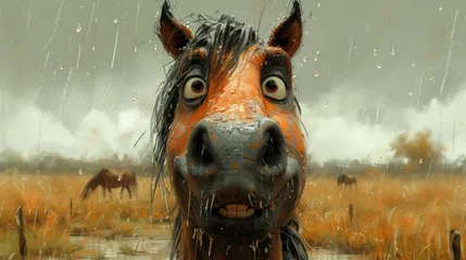 Fotobehang Rainy Day Horse, Surprised Horse in the Rain, Wet Horse Staring at Camera, Horse with Open Mouth in Rain. © Wall
