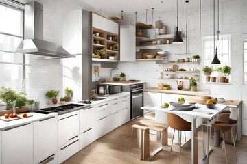 A small-space kitchen with smart storage solutions, compact appliances, and a stylish breakfast nook. Efficient design for modern living - obrazy, fototapety, plakaty