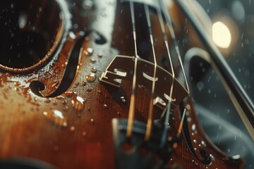 Professional Close-Up Photo of a Violin Under the Rain, Perfect for Music Concert Promotions, Instrument Showcases, and Melancholic Music Album Covers - obrazy, fototapety, plakaty