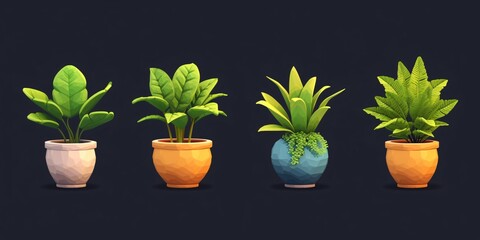 Set of 3D cartoon icons depicting potted houseplants, tree shoots, and grass.