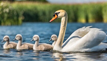 swan with cygnets riding on her back