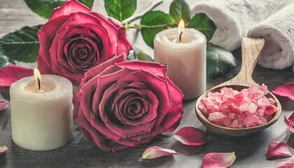 Obraz na płótnie Canvas arrangement of rose flowers and beauty treatment