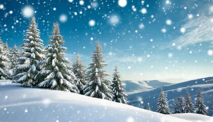 winter landscape illustration card with snow covered coniferous trees and undulating hills under a blue sky with falling snowflakes
