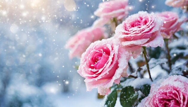 beautiful pink roses in snow and frost in a winter park christmas artistic image selective and soft focus