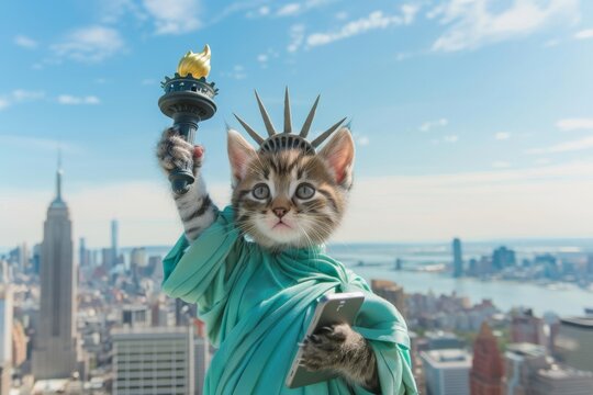 A cute cat dressed as the Statue of Liberty with the New York City skyline in the background, symbolizing humor, creativity, and playful imagination. 