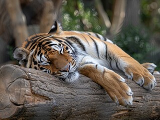 Fototapeta premium a tiger lying down on a log Generative AI