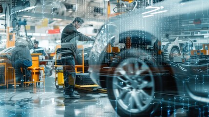 Double exposure image combining a worker changing car tires with the bustling atmosphere of a car repair shop