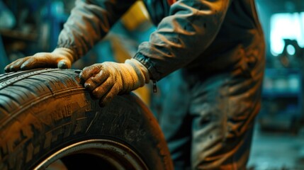 Fototapeta premium Close-up of a mechanic's hands expertly working on a car tire