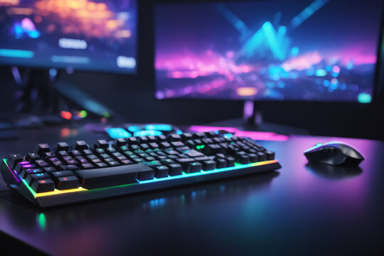 Gamer background, modern high-tech gaming setup with RGB lights on desk, gamer keyboard and mouse with multiple screens in the background, streaming setup