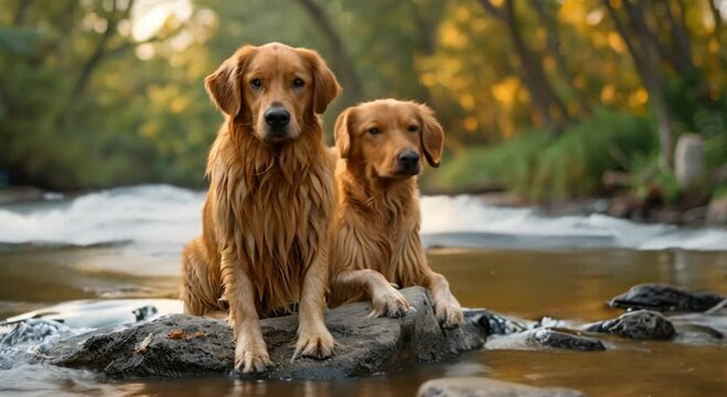 a pair of dogs on a rock in a shallow river footage