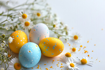 Fototapeta na wymiar Speckled vibrant colored eggs amidst a scattering of daisies and flowers on a blue surface, hinting at Easter's renewal and the bloom of spring.