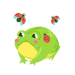 Cute green frog surrounded by ladybugs. Kawaii character. Illustration isolated.