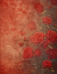 Romantic Red Paper Background with Dark Blue Rose Flowers and Flourishing Botanicals