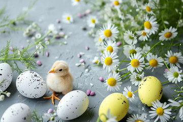A sleepy Ester chick surrounded by speckled and yellow eggs, with daisies and green grass scattered on a grey surface, evoking a fresh, spring morning.