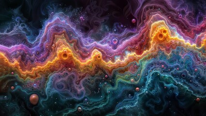 Experience the magic of bubbles and vibrant colors in this unique abstract painting. Let your mind wander and find your own meaning within the colorful swirls! - obrazy, fototapety, plakaty