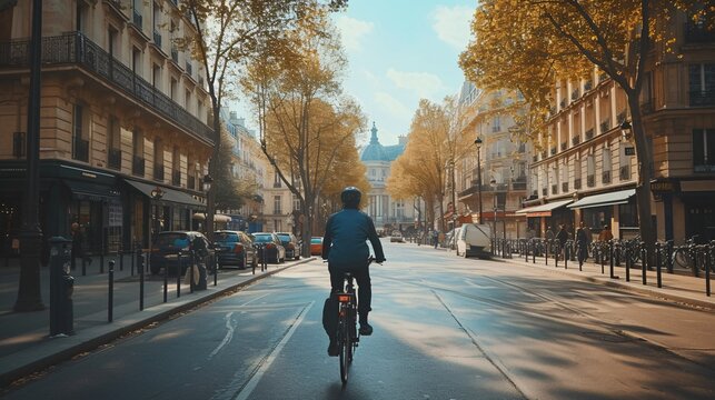 Mysterious man biking through the streets of Paris, France.