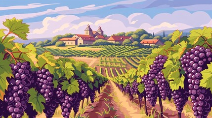 Burgundy vineyard in France. Wine sampling. Renowned grapes clipart. Graphic of Bordeaux landscape. Serene countryside winery. Delectable French vintages. Picking grapes for Cabernet Sauvignon. - obrazy, fototapety, plakaty