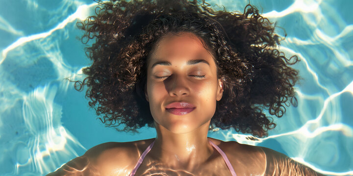 Beautiful young black woman floating in pool on a hot summer day, happy smiling expression, overhead view