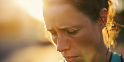 Lifestyle portrait of woman athlete, exhausted and disappointed after losing running marathon