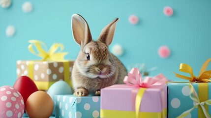 Easter bunny with colored eggs and boxes with gifts on a blue background