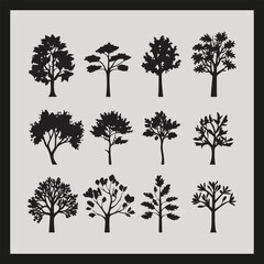 Oak tree silhouette set Clipart on a hex color background