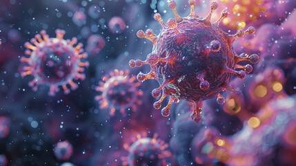 Virus floating in cellular environment, background, viral disease epidemic, 3D rendering of virus, illustration. Generative AI