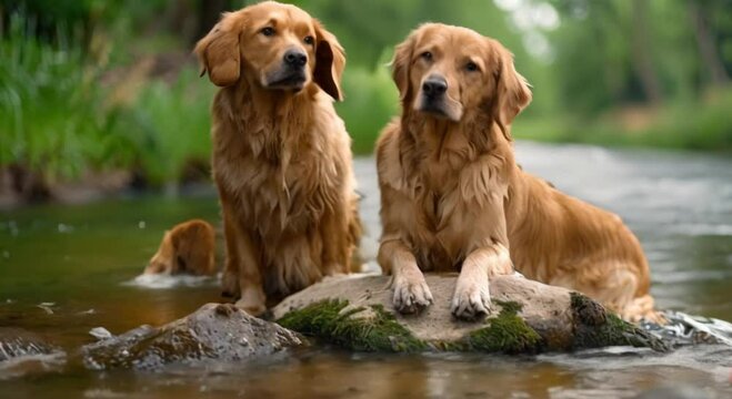 a pair of dogs on a rock in a shallow river footage