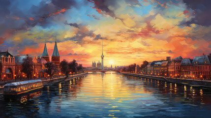 oil painting on canvas, Museum island on Spree river and Alexanderplatz TV tower in center of Berlin, Germany.