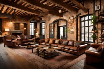 A rustic lounge with exposed brick walls, wooden beams, and leather sofas, exuding a charming and inviting atmosphere.