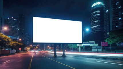Blank billboard on the highway during the twilight with city background with clipping path on screen.- can be used for display your products or promotional