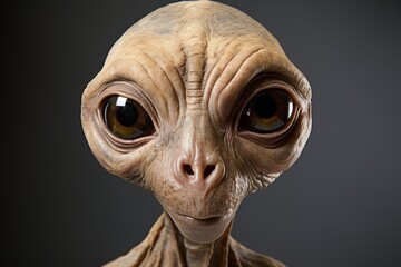 Naklejka premium An alien creature with big eyes and a wrinkled face. Its skin is a light beige color and it is looking at the camera with a curious expression. The background is a dark grey.