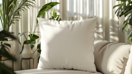 White square pillow mockup in a minimalist studio with a neutral color palette. Blank cushion case...