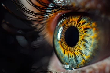 Foto op Aluminium Close-up of eye iris on black background, macro, photography © Kasorn