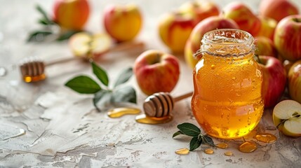 Honey in glass jar with honey dipper and fresh apples on rustic wooden table background, sunny day light. Copy space. Healthy organic food concept. Generative ai - obrazy, fototapety, plakaty