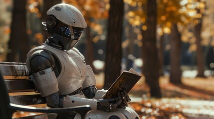 Fototapeta premium Ai humanoid robot sitting on park bench and reading book, Artificial intelligence, Machine learning, Innovation, Disruptive technology concept. Generative ai