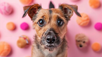 Cute dog with different pet accessories on pink color background. Pets and animals care concept. Generative ai