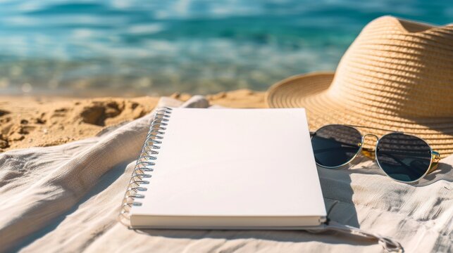 White hardcover spiral notebook mockup, on beach towel, vibrant blurred blue sea in the background. Empty space for product display. Writing Diary Summer Beach Vacation Concept. Generative ai