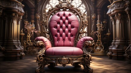 Photo Realistic Pink Royal Throne Chair with Gold Details 8K High Detail Front View