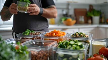 Obraz premium Man putting cut fruit and vegetable into glass containers, Many lunchboxes with different delicious food, Healthy meal prep for a week of workouts. Generative ai