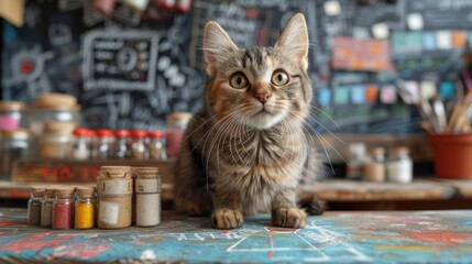 Art Supplies and a Kitten, A Cat's Playful Moments, The Artist's Companion, Kitty in the Studio.