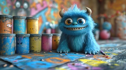 A Blue Monster Sitting on a Paint-Covered Table, The Artistic Creation of a Smiling Blue Monster, An Adorable Blue Monster with Horns and Fangs, A Blue Monster Posing for the Camera in an Art Studio.