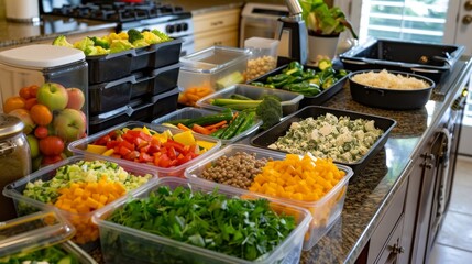 Cut fruit and vegetable into glass containers, Many lunchboxes with different delicious food, Healthy meal prep for a week of workouts. Generative ai
