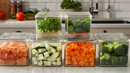 Cut fruit and vegetable into glass containers, Many lunchboxes with different delicious food, Healthy meal prep for a week of workouts. Generative ai