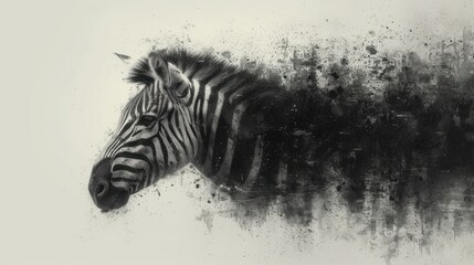 Fototapeta na wymiar a black and white photo of a zebra's head with a blurry background of trees and bushes in the foreground and on the right side of the image is a black and white background.
