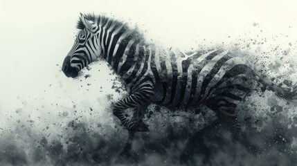 Fototapeta na wymiar a black and white photo of a zebra running through the air with splashes of water all over it's body and the zebra's back end of it's body.