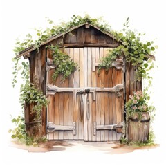 Fototapeta na wymiar Rustic Wedding Arch with Barn Door and Flowers in Watercolor Illustration by Don Freedman