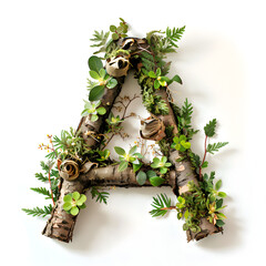 Create the letter A using recycled materials and plants against a transparent background


