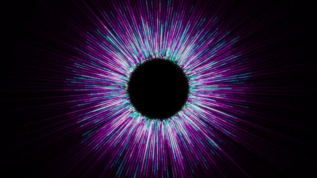 Particle generation from a black circle or black hole. Bright turquoise, violet colors with glow and shine. Radial motion of particles. 4К